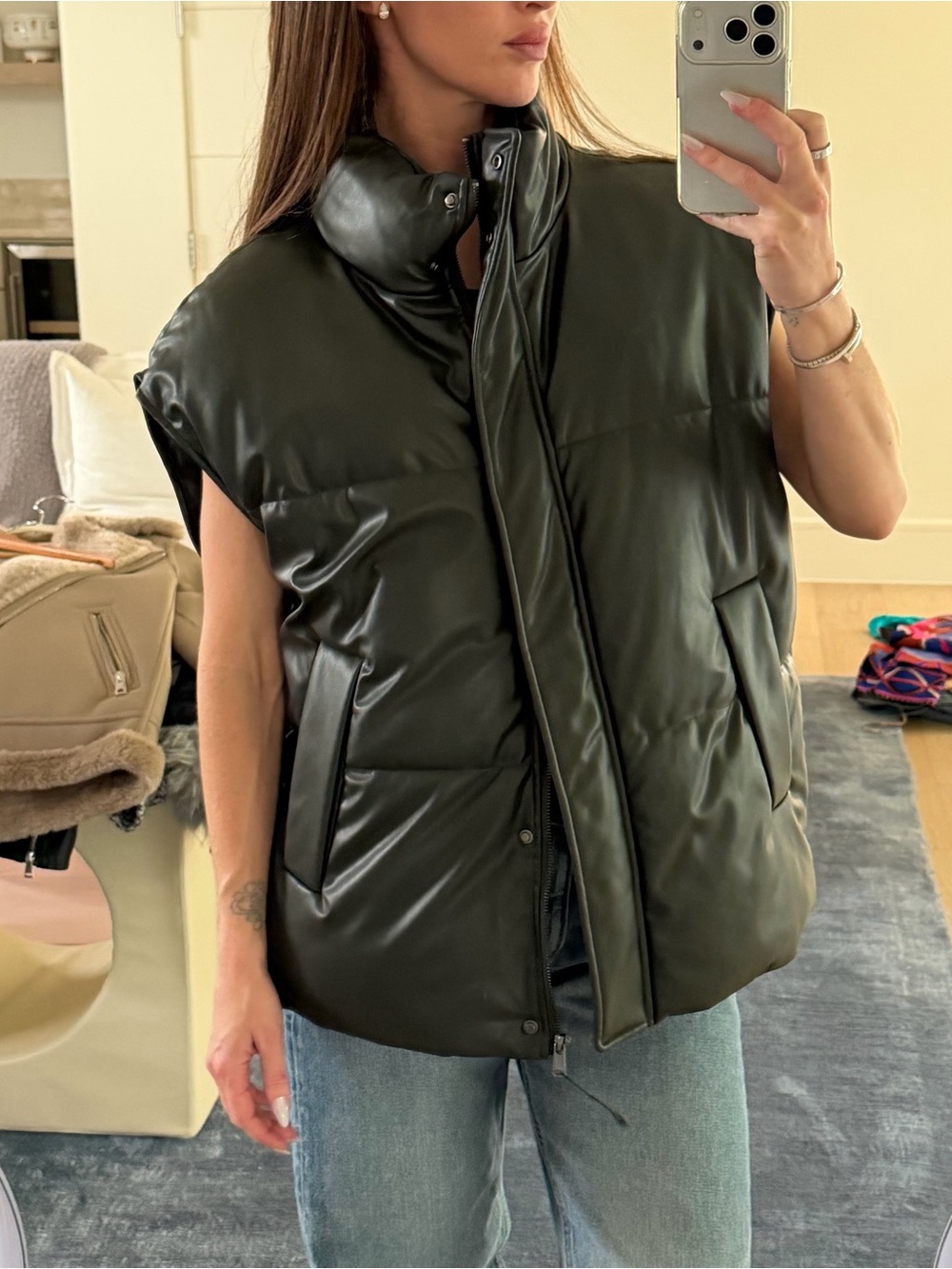 Zara Faux Leather Oversized Puffer Vest Jacket - Dark Green